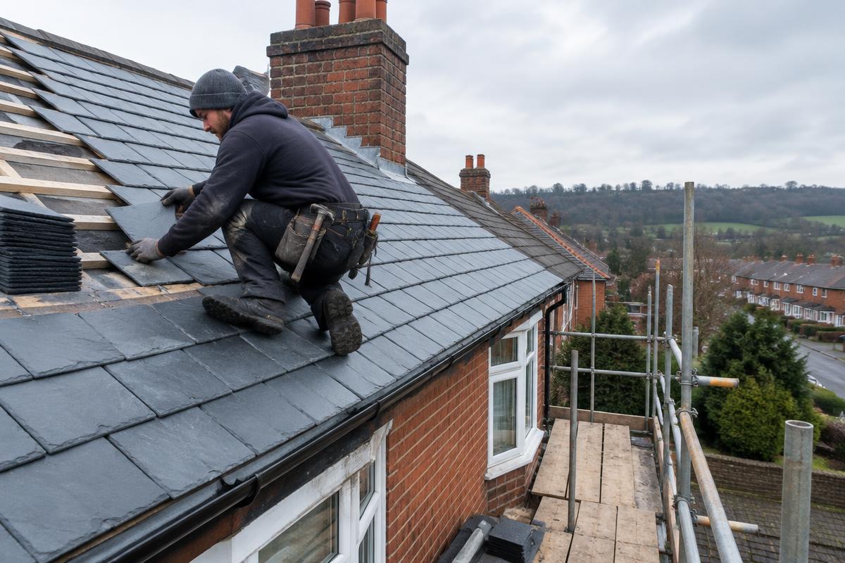 Slate roof being installed on a UK home